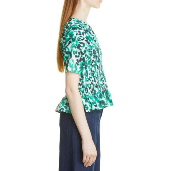 PFERDGARTEN Womens Mynowa Blouse Size 4 Flower Green Smocked Cotton Peplum NWOT - Picture 2 of 10